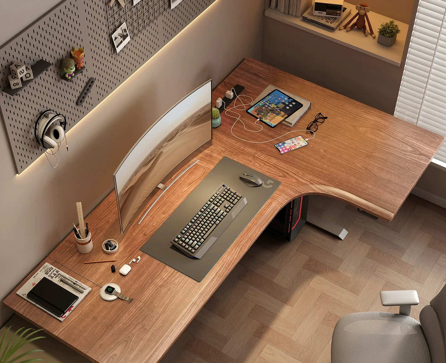 L-shaped electric standing desk with solid wood top in a modern home office