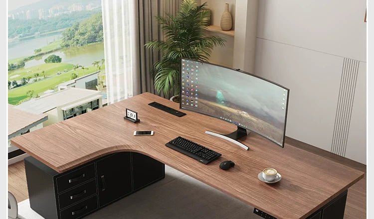 L-shaped electric standing desk configuration 16 with height adjustable frame