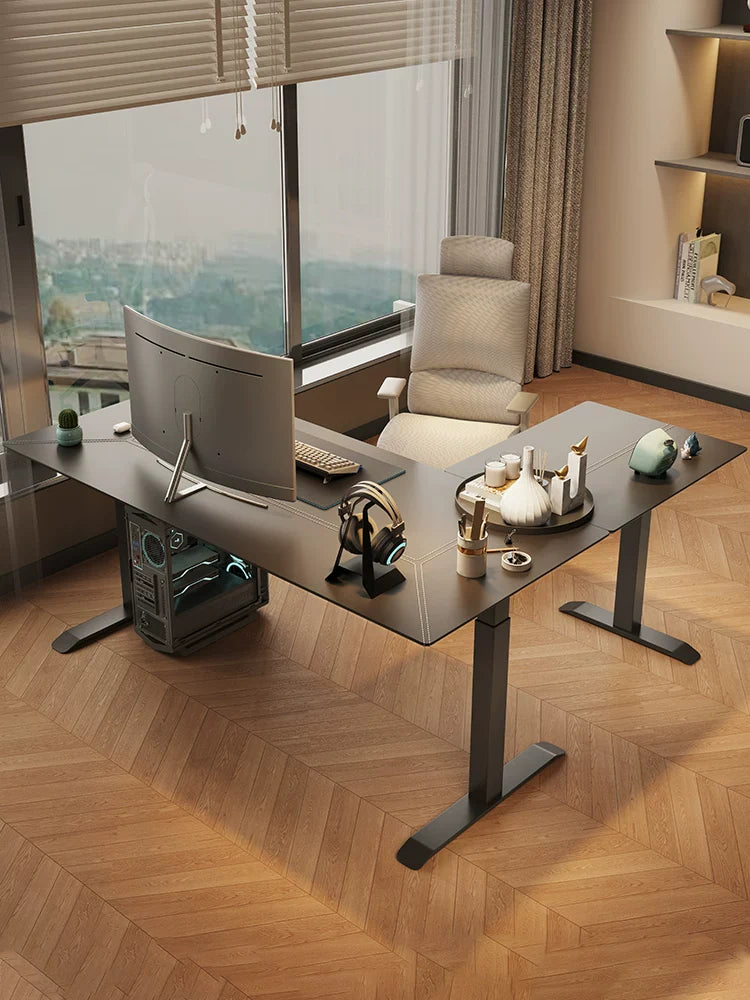 L-shaped electric standing desk arranged in a modern home office