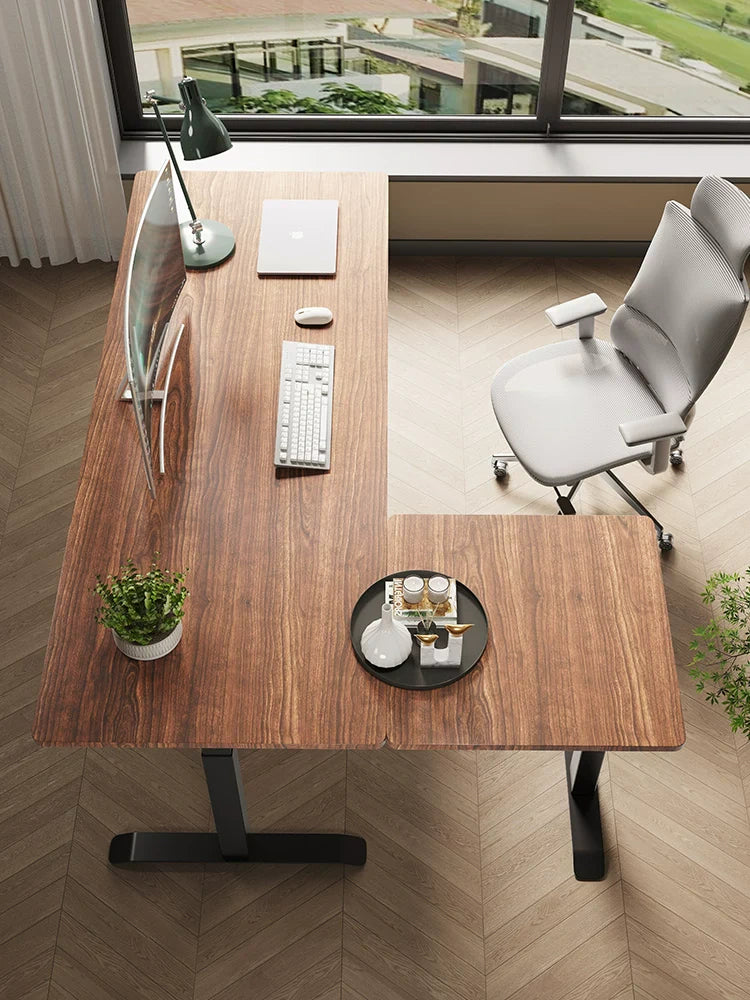overhead view of a spacious L-shaped height adjustable desk