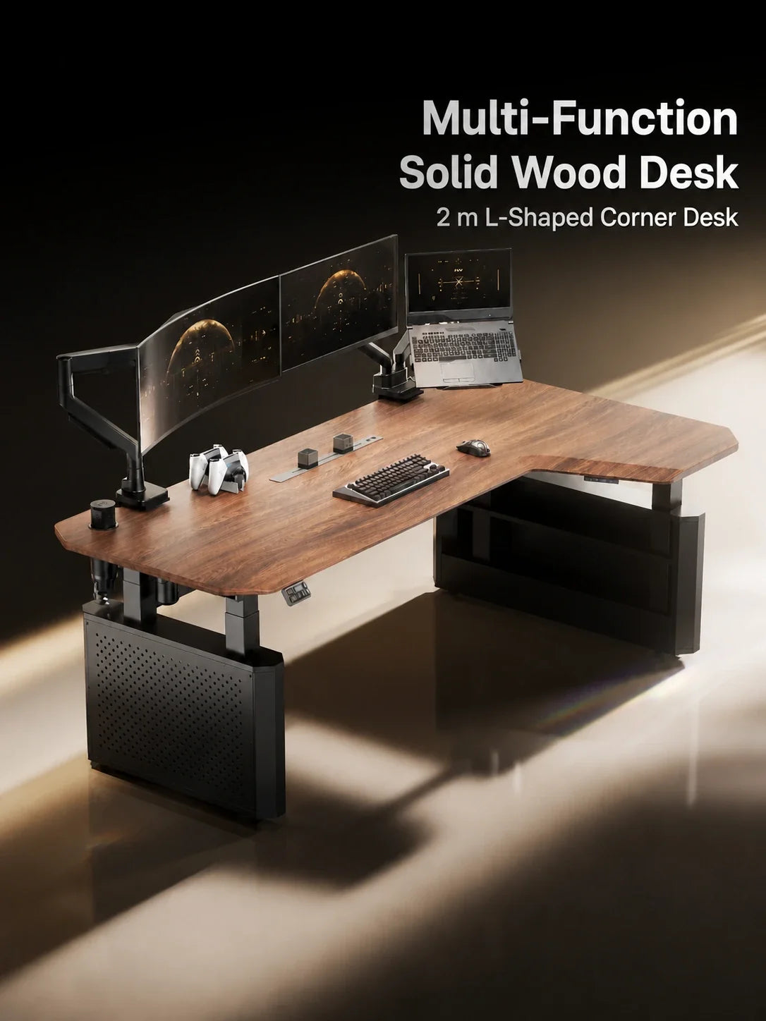L-shaped electric standing desk in solid wood gaming office setup