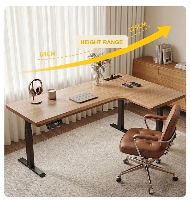 White ash L-shaped electric standing desk with 64 to 125 cm adjustable height range