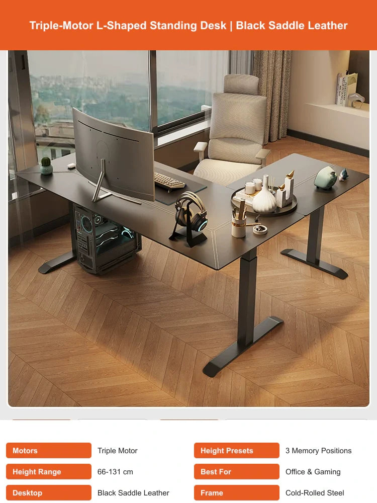 black saddle leather L-shaped electric standing desk with triple motors