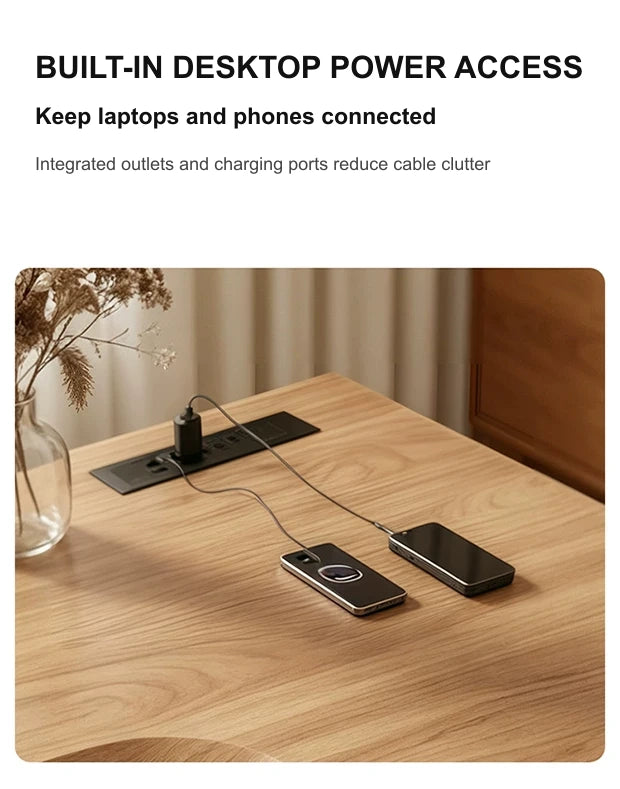 Built-in desktop power strip on a white ash L-shaped electric standing desk