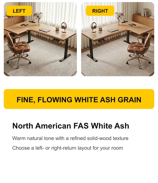 White ash L-shaped standing desk shown with left and right return layouts