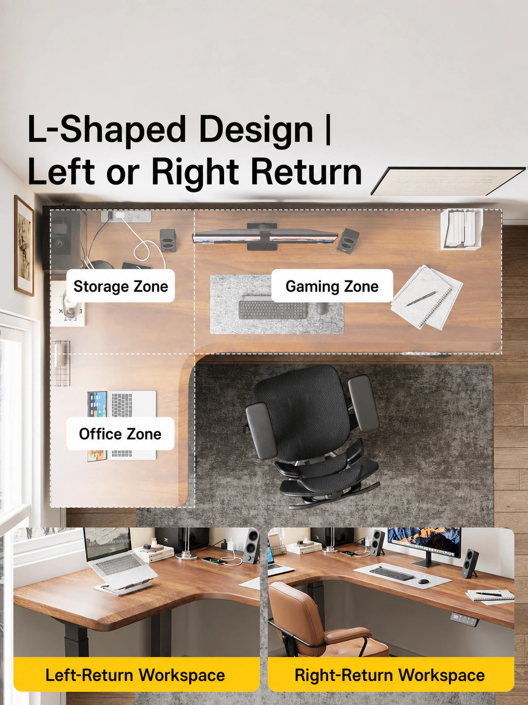 L-shaped electric standing desk shown in left-return and right-return workspace layouts