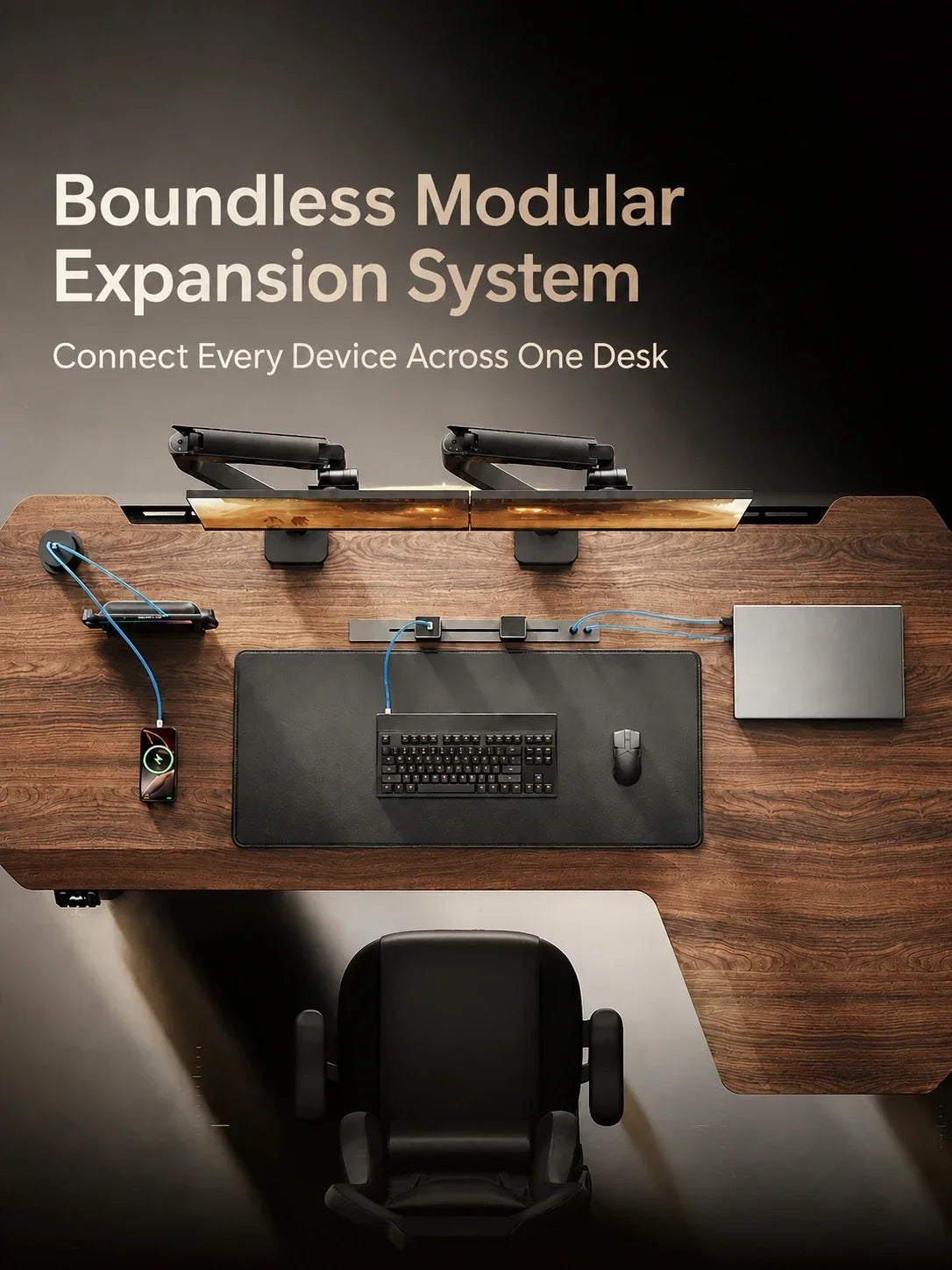 L-shaped standing desk with modular expansion system