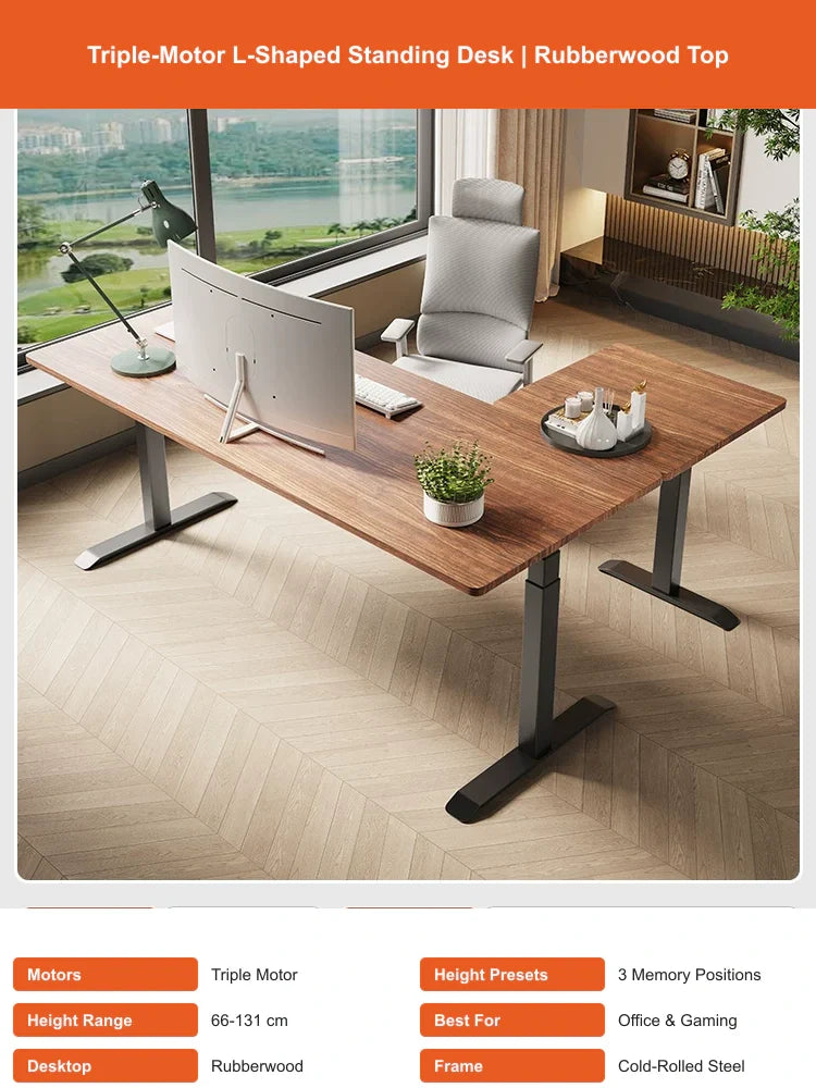 black walnut rubberwood L-shaped standing desk with triple-motor lift