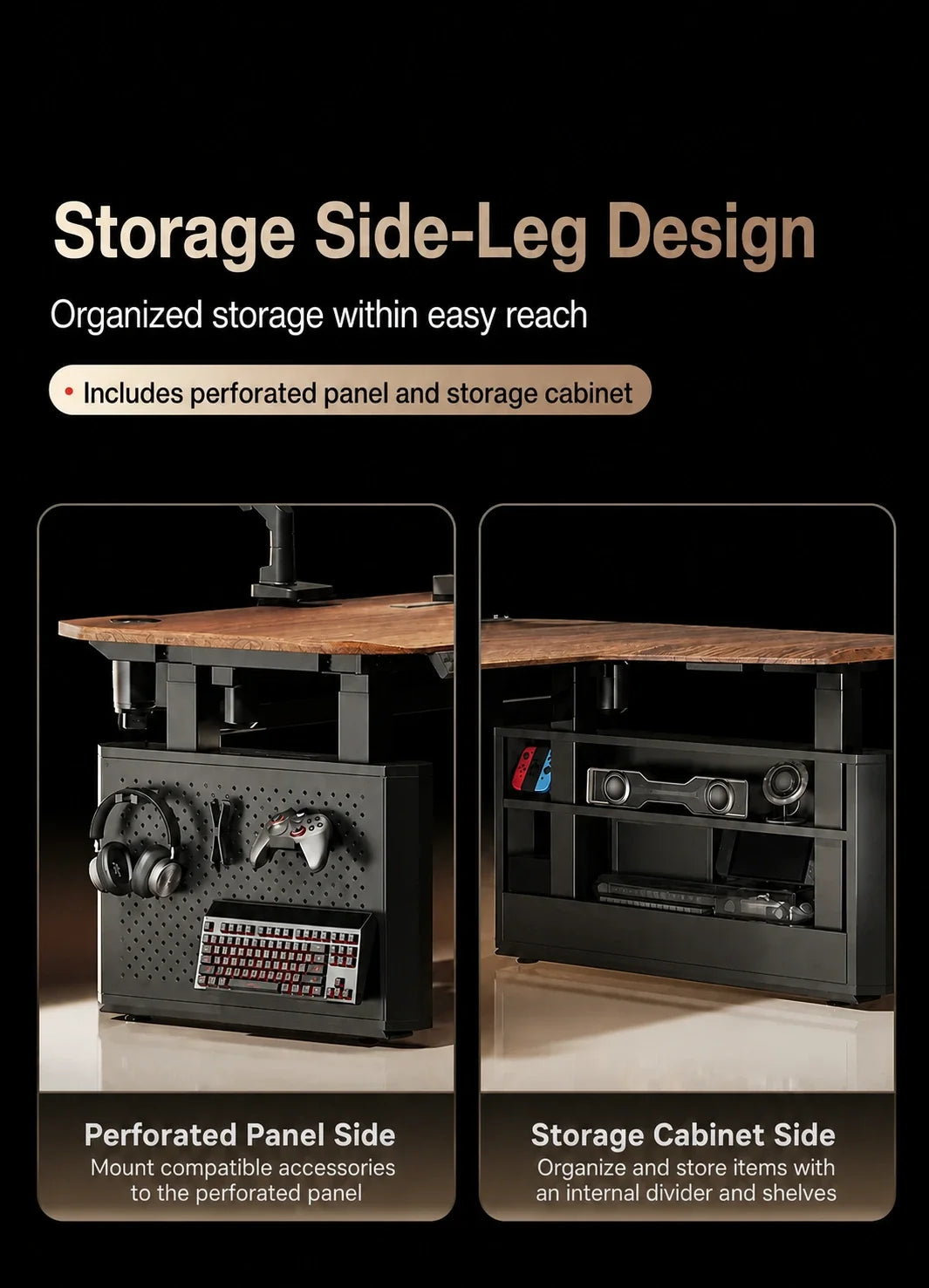 L-shaped electric standing desk with storage side leg