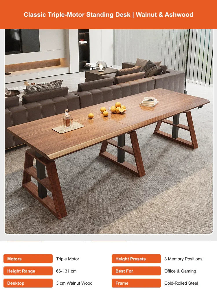 classic walnut L-shaped standing desk with ashwood A-legs and triple motors