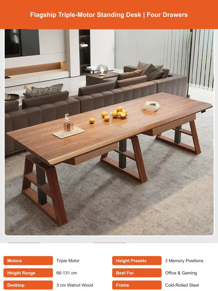 flagship walnut L-shaped standing desk with four drawers and triple motors