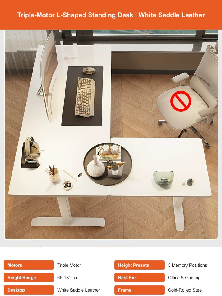 white saddle leather L-shaped electric standing desk with triple motors