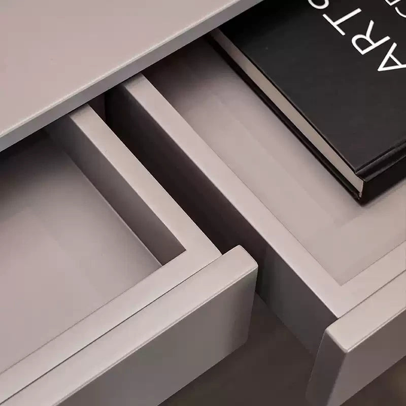 premium gray standing desk drawer and desktop detail for office organization