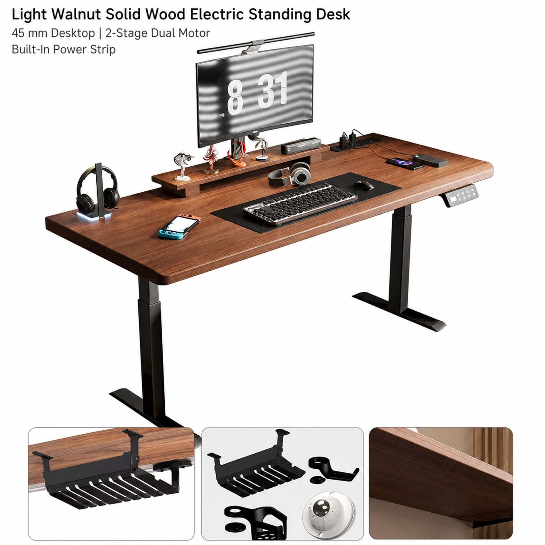 Light walnut solid wood standing desk with two-stage dual motors and built-in power strip