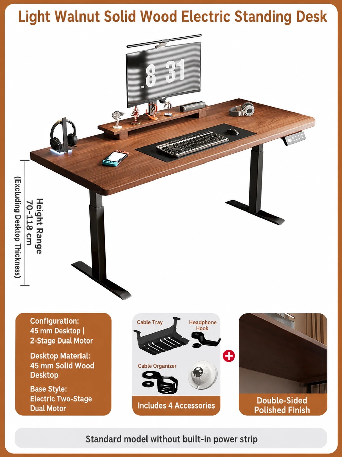 Light walnut solid wood standing desk with 45 mm desktop and two-stage dual motors