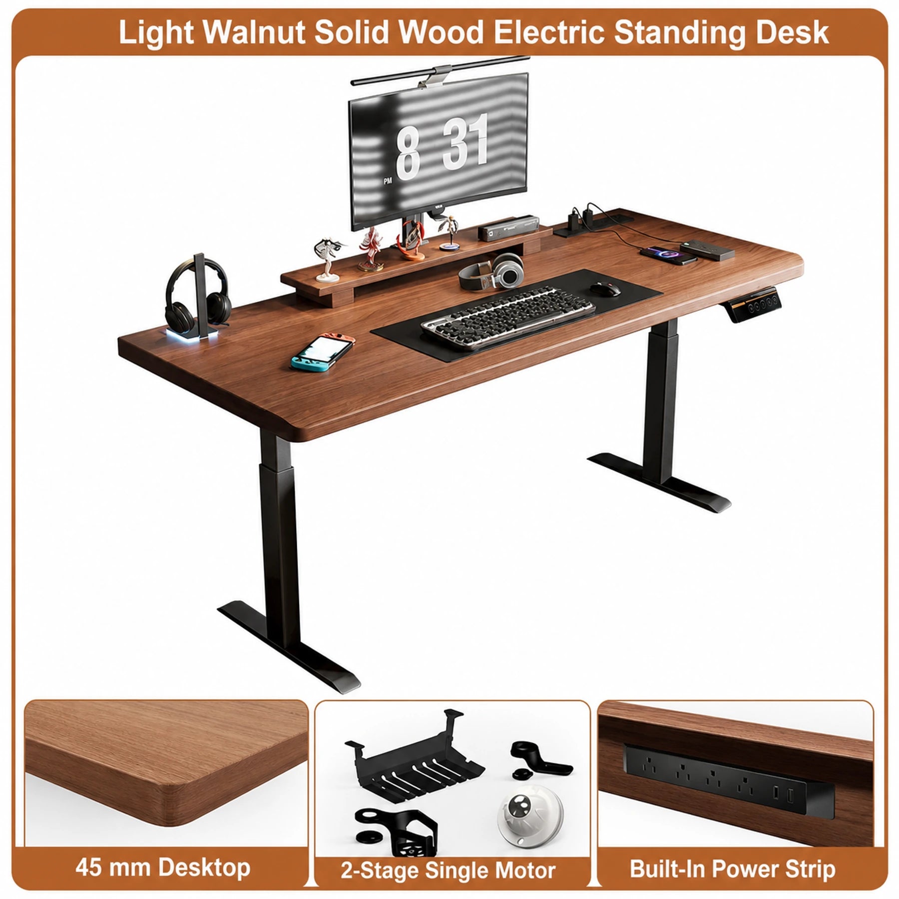 Light walnut solid wood standing desk with two-stage single motor and built-in power strip