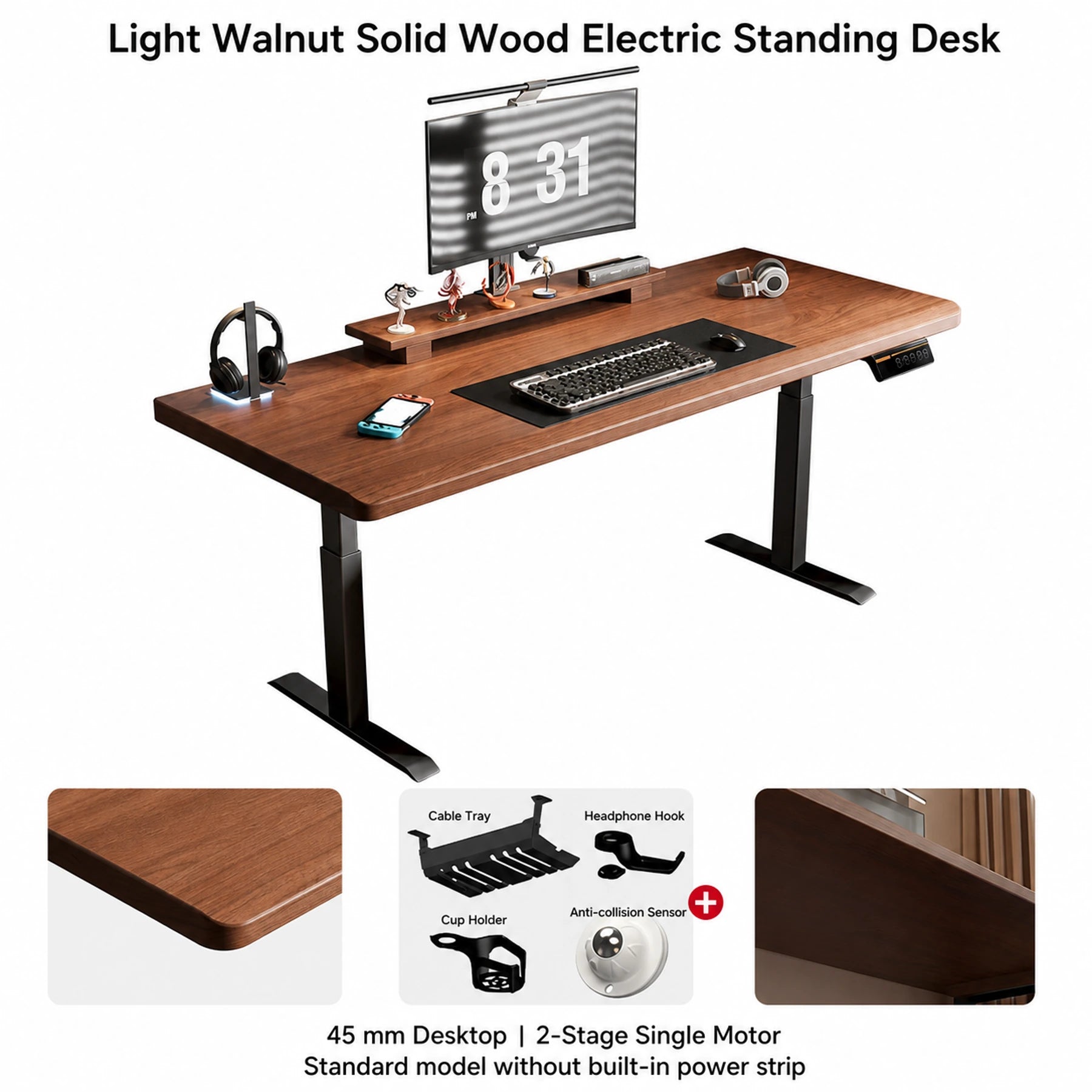 Light walnut solid wood standing desk with 45 mm desktop and two-stage single motor