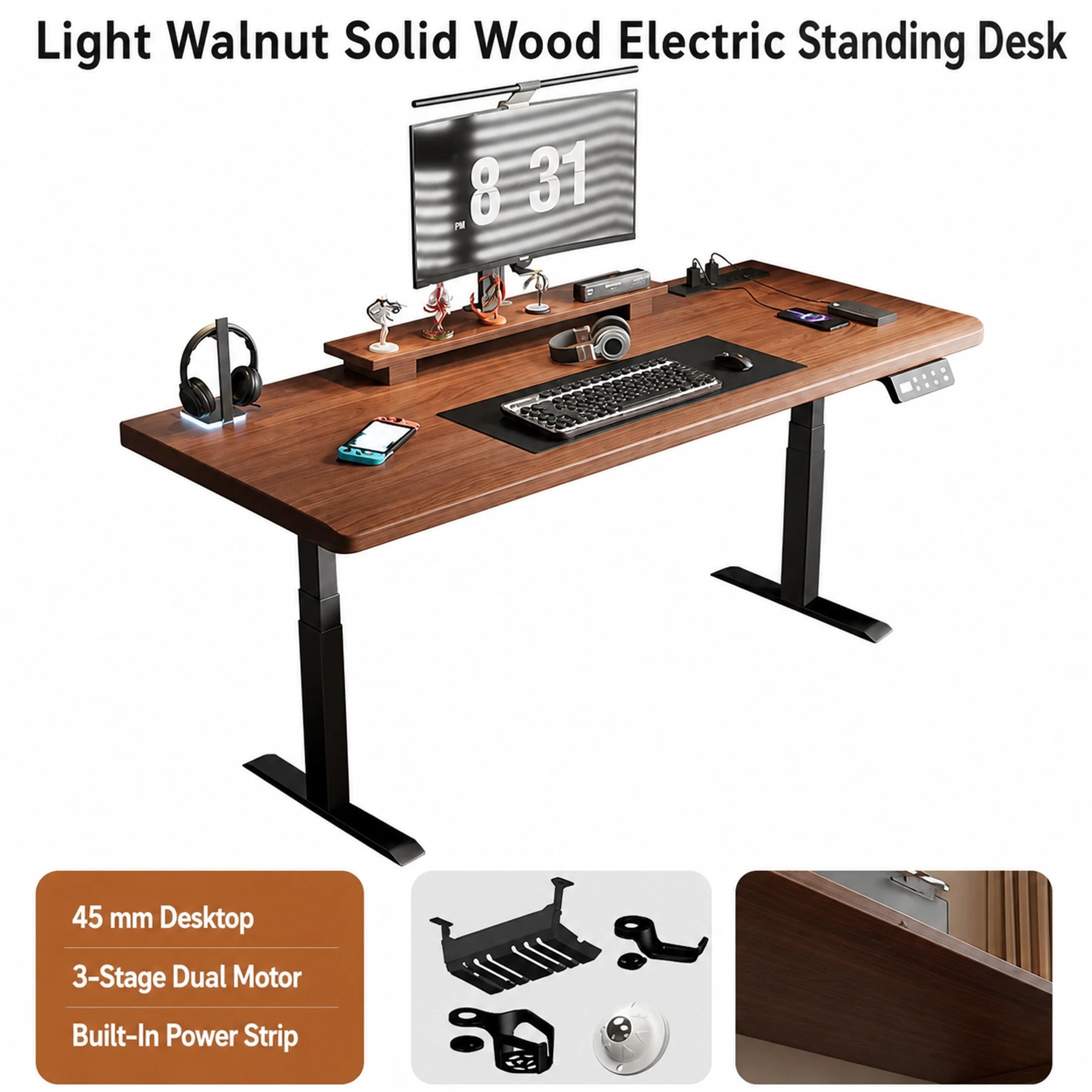 Light walnut solid wood standing desk with three-stage dual motors and built-in power strip
