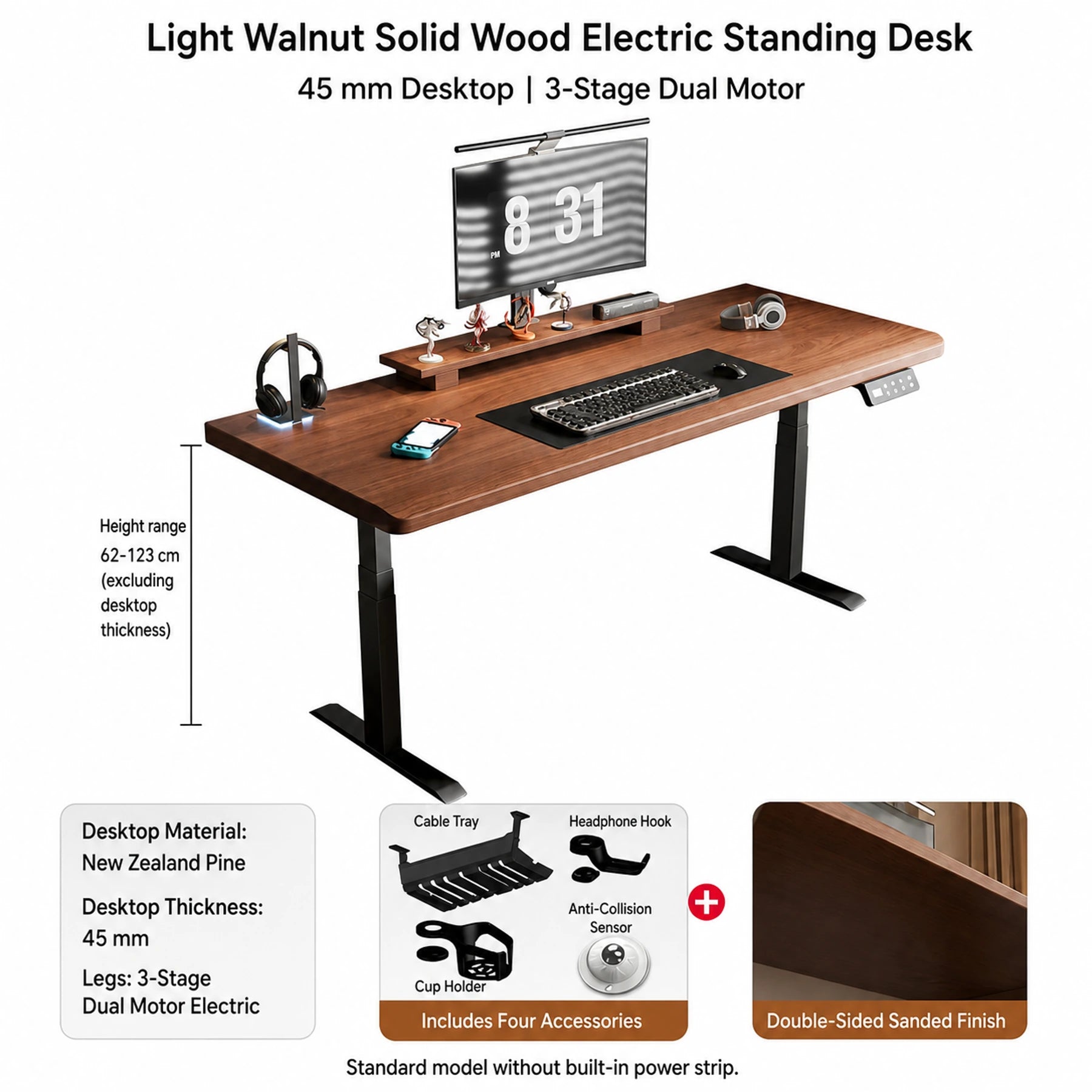 Light walnut solid wood standing desk with 45 mm desktop and three-stage dual motors