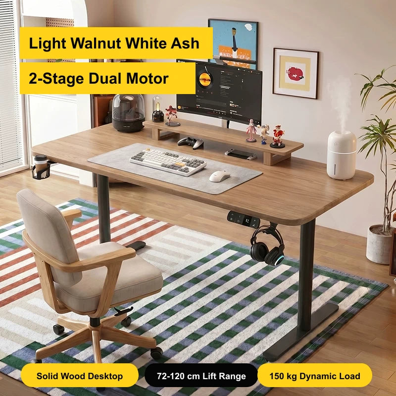 Compact white ash electric standing desk in light walnut with black two-stage dual-motor frame
