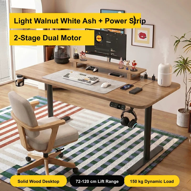 Light walnut white ash standing desk with black two-stage dual motors and power strip