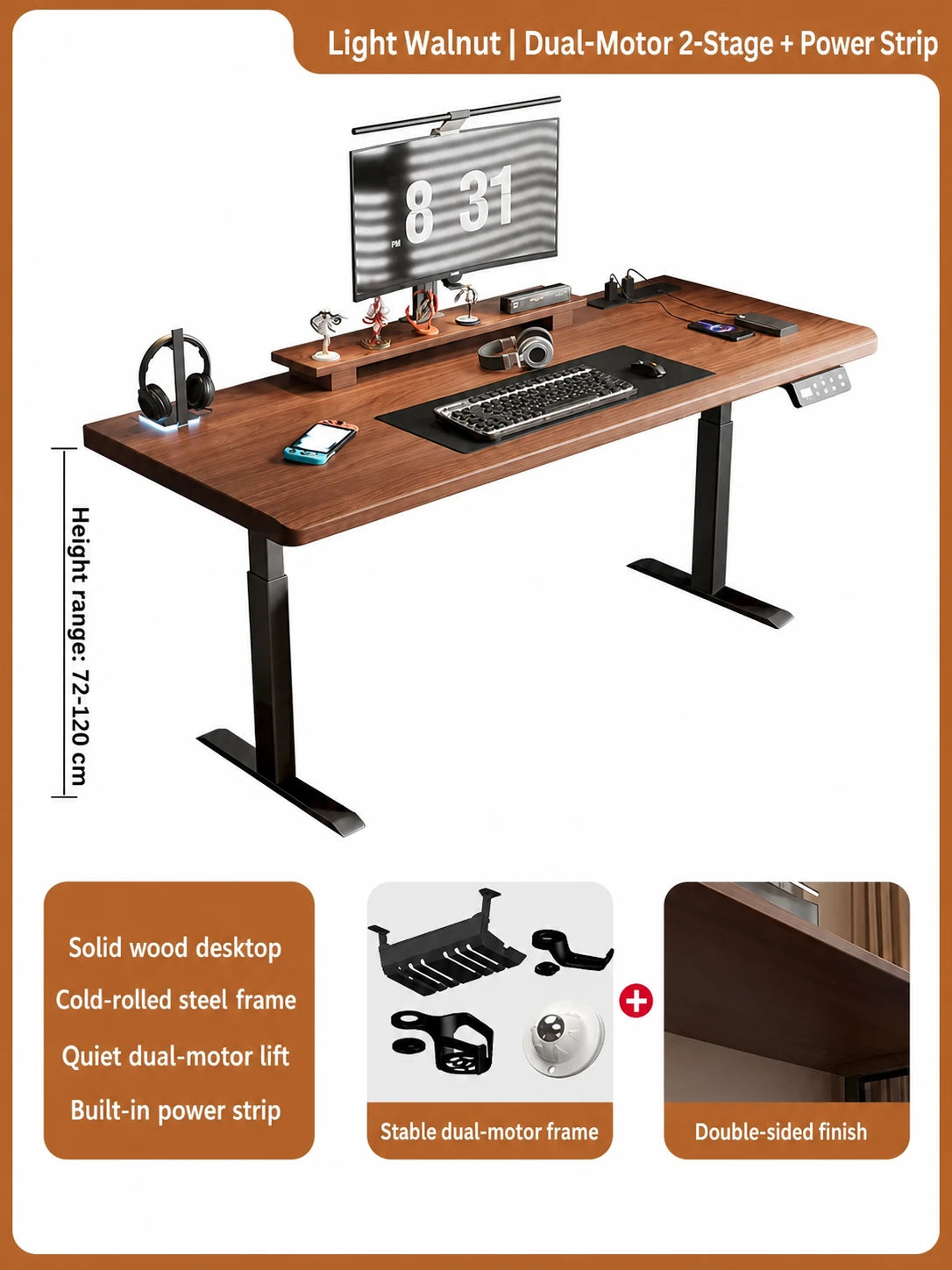 Light walnut dual-motor two-stage standing desk with built-in power strip
