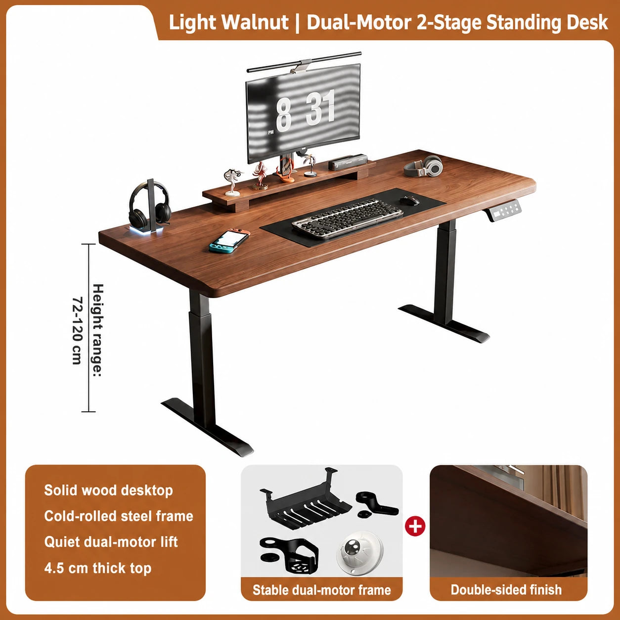 Light walnut solid wood dual-motor two-stage electric standing desk