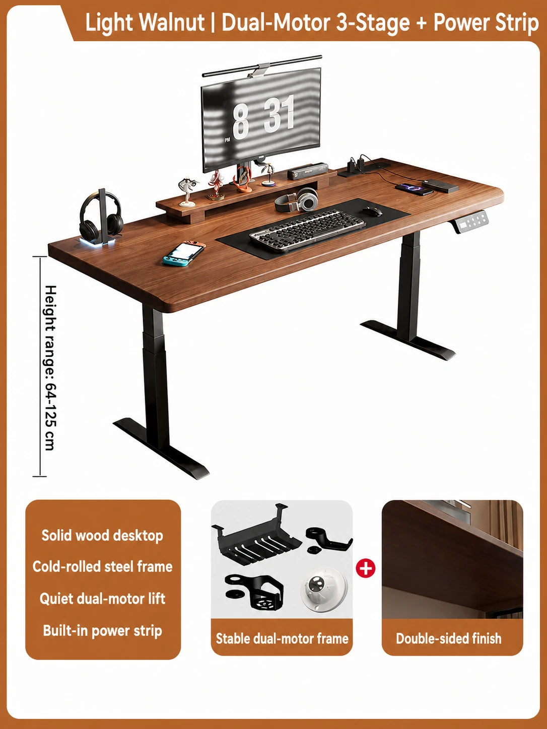 Light walnut dual-motor three-stage standing desk with built-in power strip