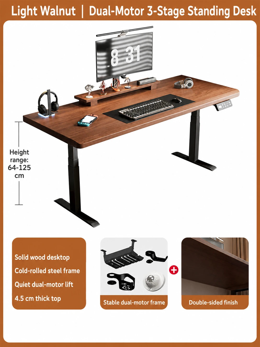 Light walnut solid wood dual-motor three-stage electric standing desk