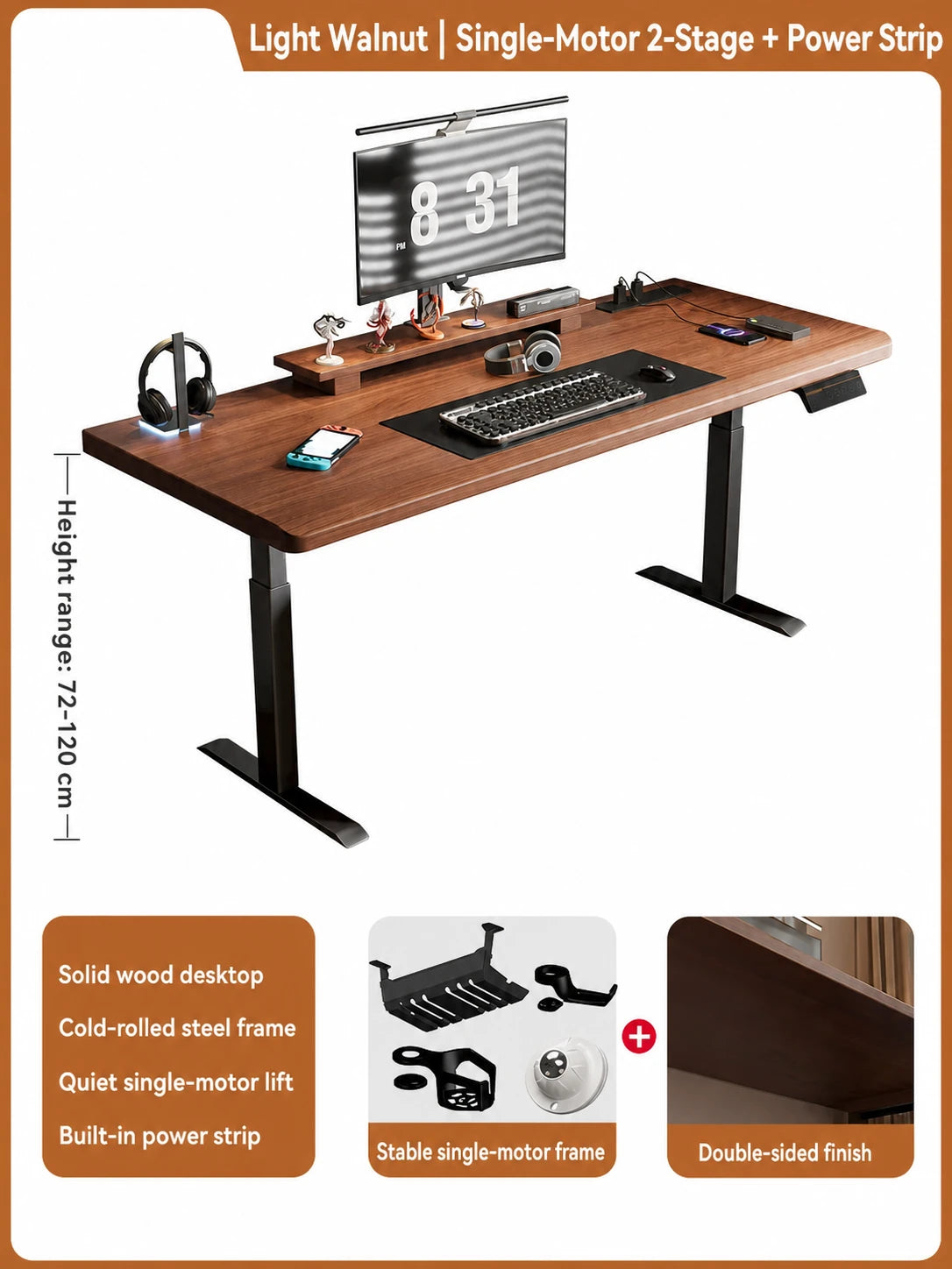 Light walnut single-motor two-stage standing desk with built-in power strip