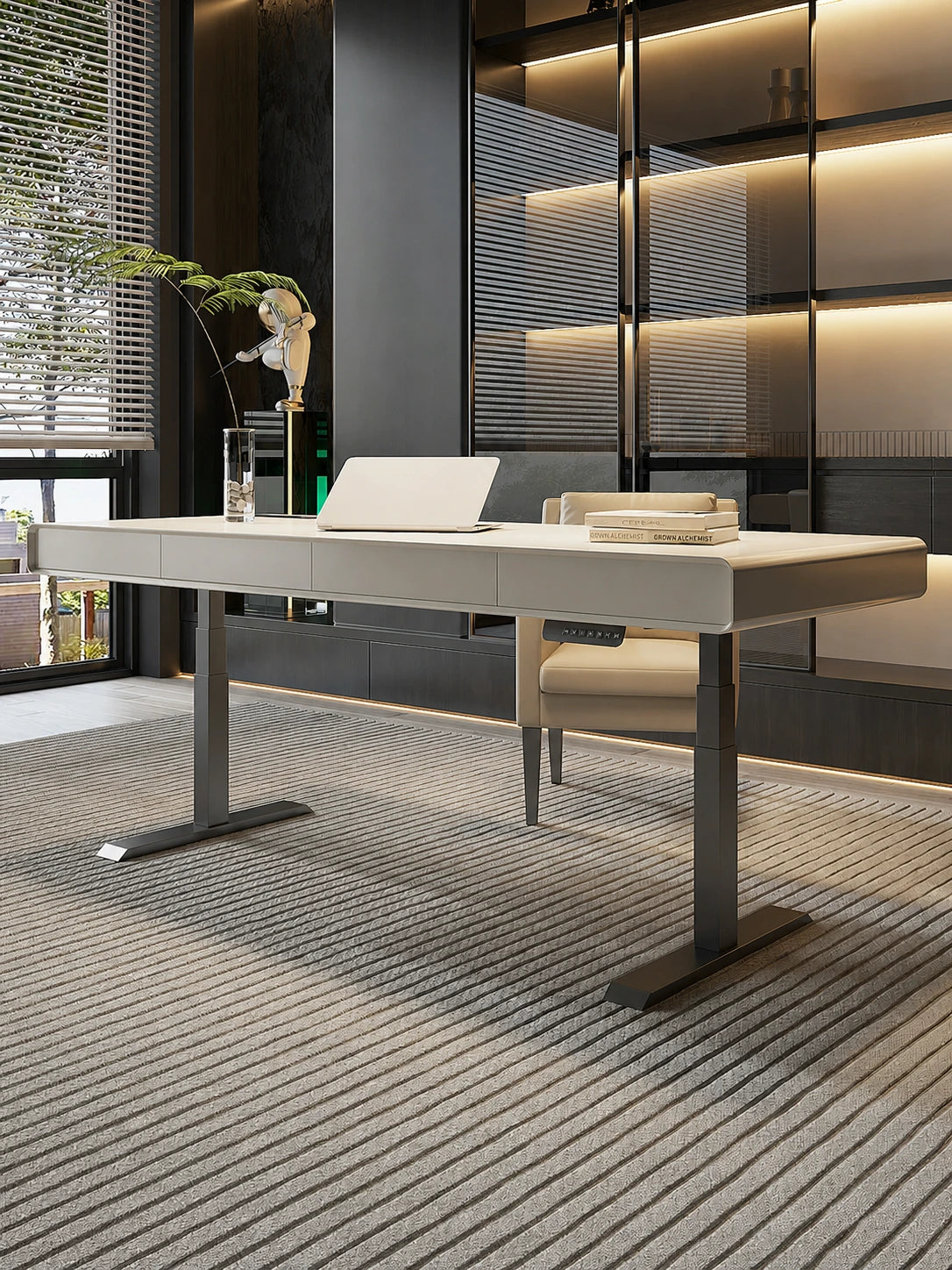 luxury electric standing desk with drawers in a modern home office