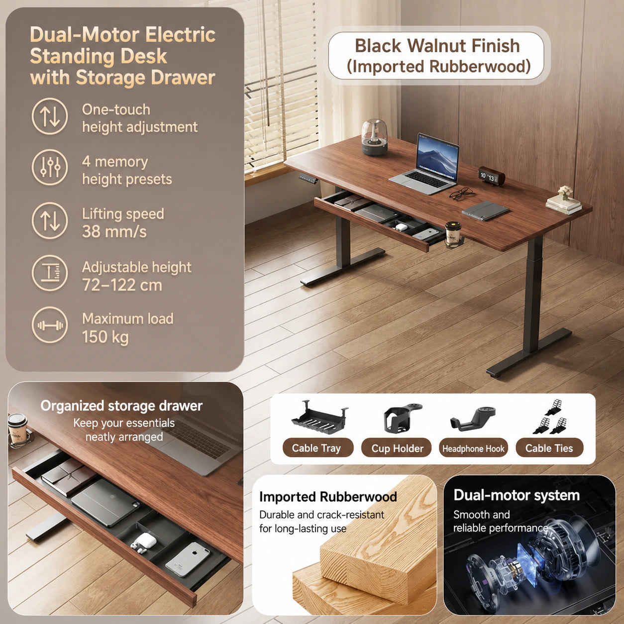 M1 black walnut dual-motor electric standing desk with storage drawer