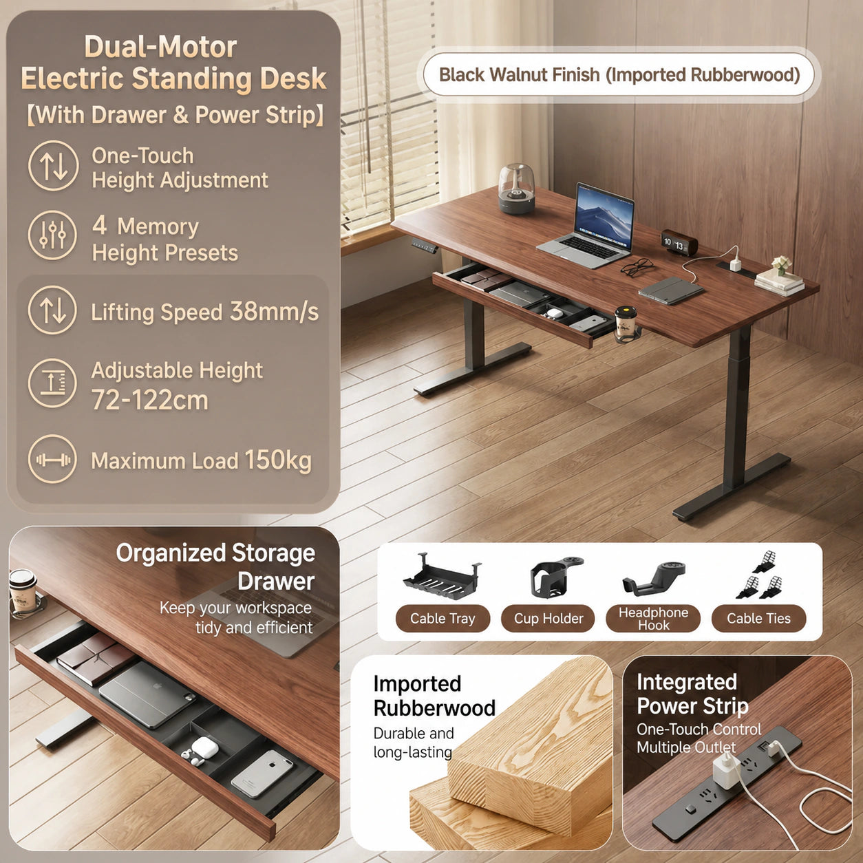 M1 black walnut dual-motor electric standing desk with power strip and storage drawer