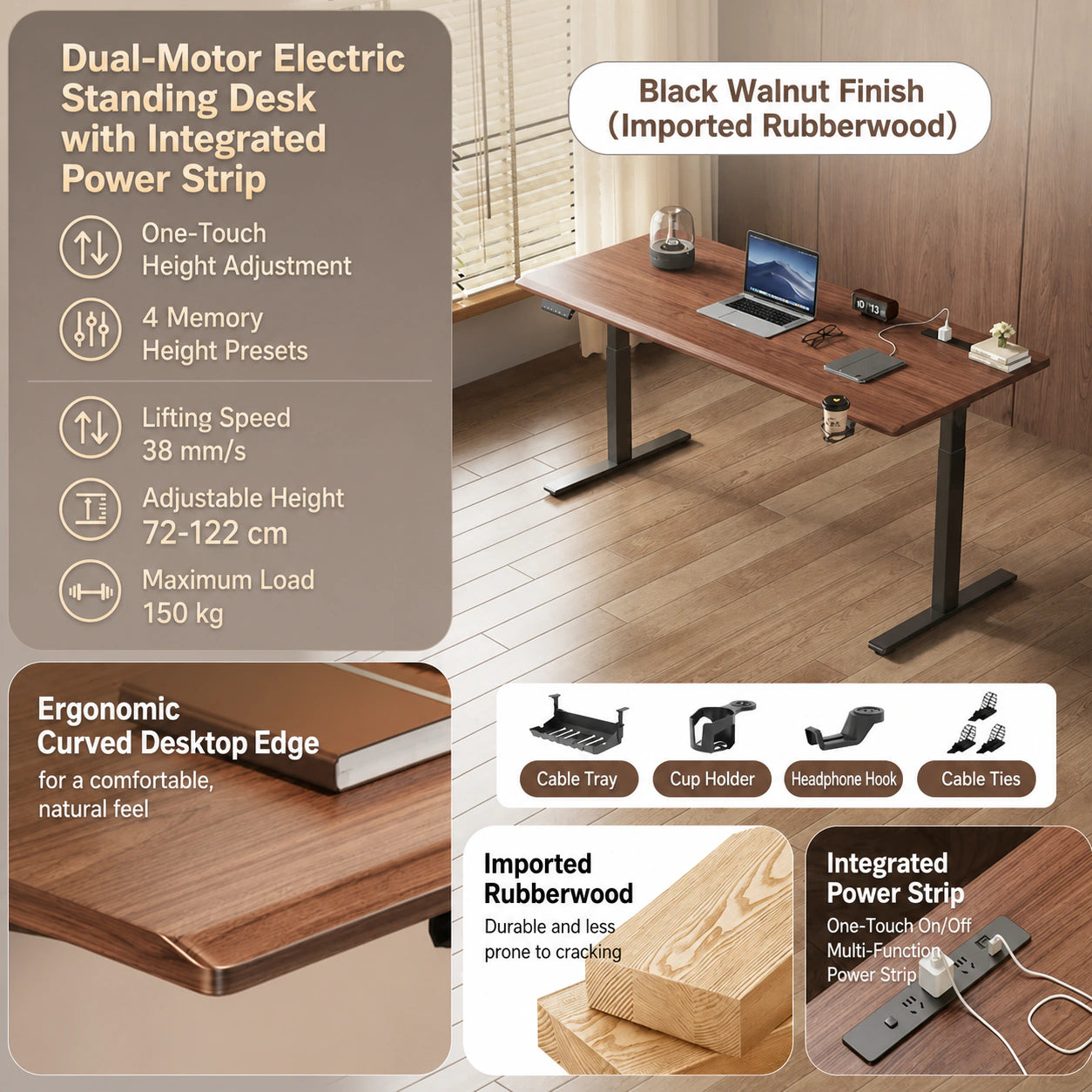 M1 black walnut dual-motor electric standing desk with integrated power strip