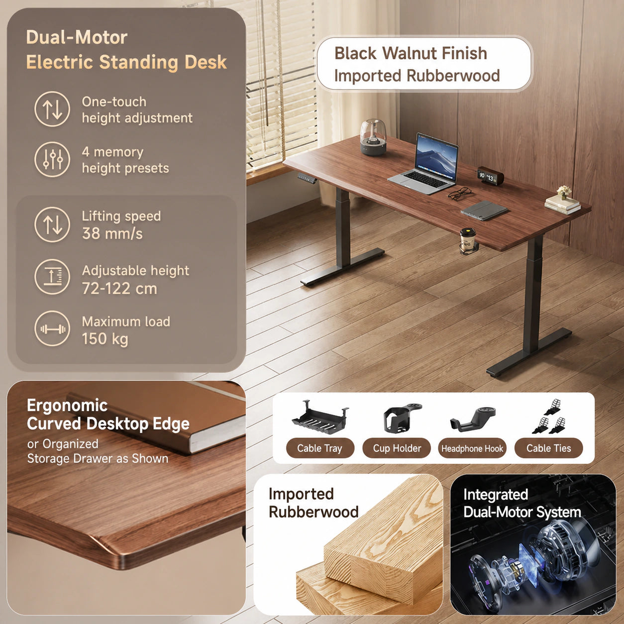 M1 black walnut dual-motor electric standing desk