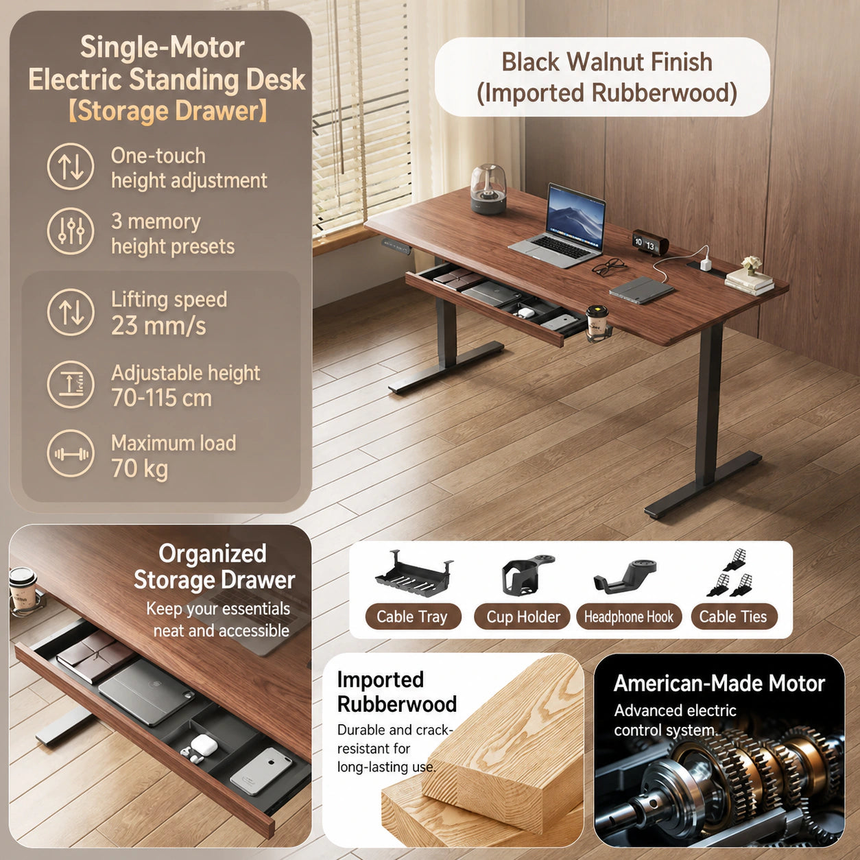 M1 black walnut single-motor electric standing desk with storage drawer