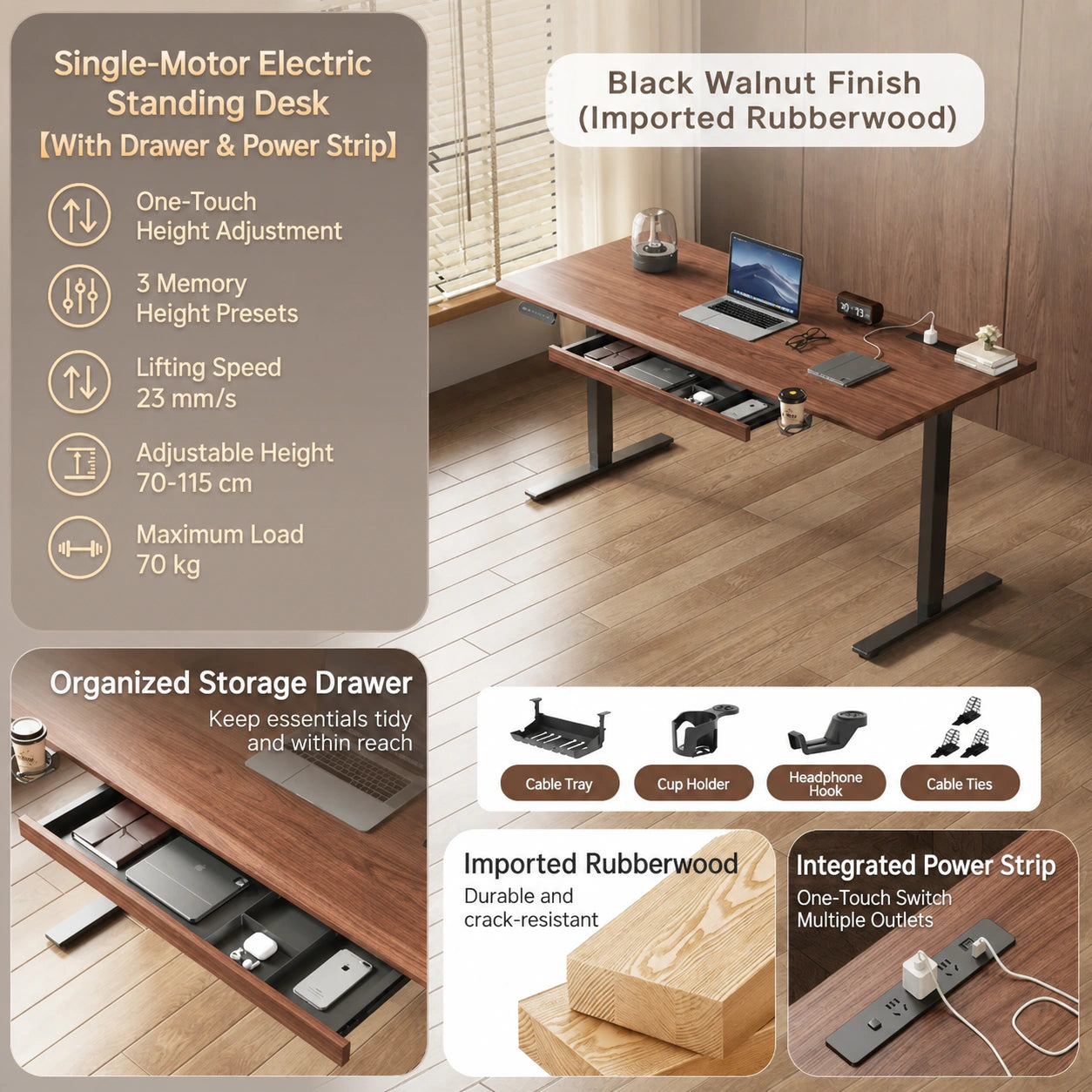 M1 black walnut single-motor electric standing desk with power strip and storage drawer