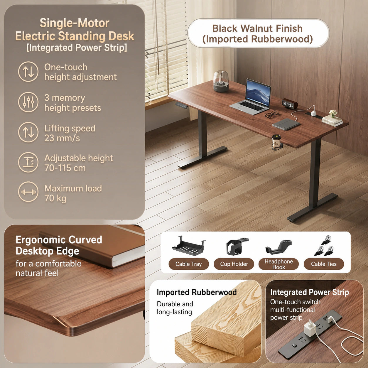 M1 black walnut single-motor electric standing desk with integrated power strip