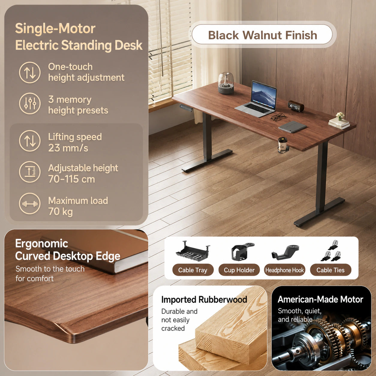 M1 black walnut single-motor electric standing desk