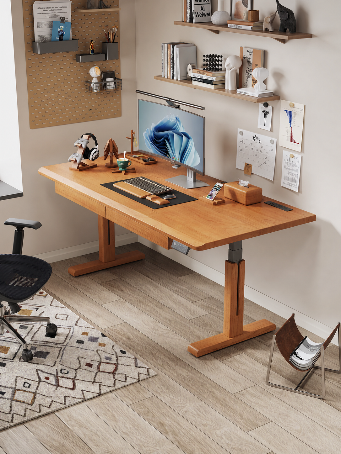 M2 solid wood dual-motor standing desk in a modern office