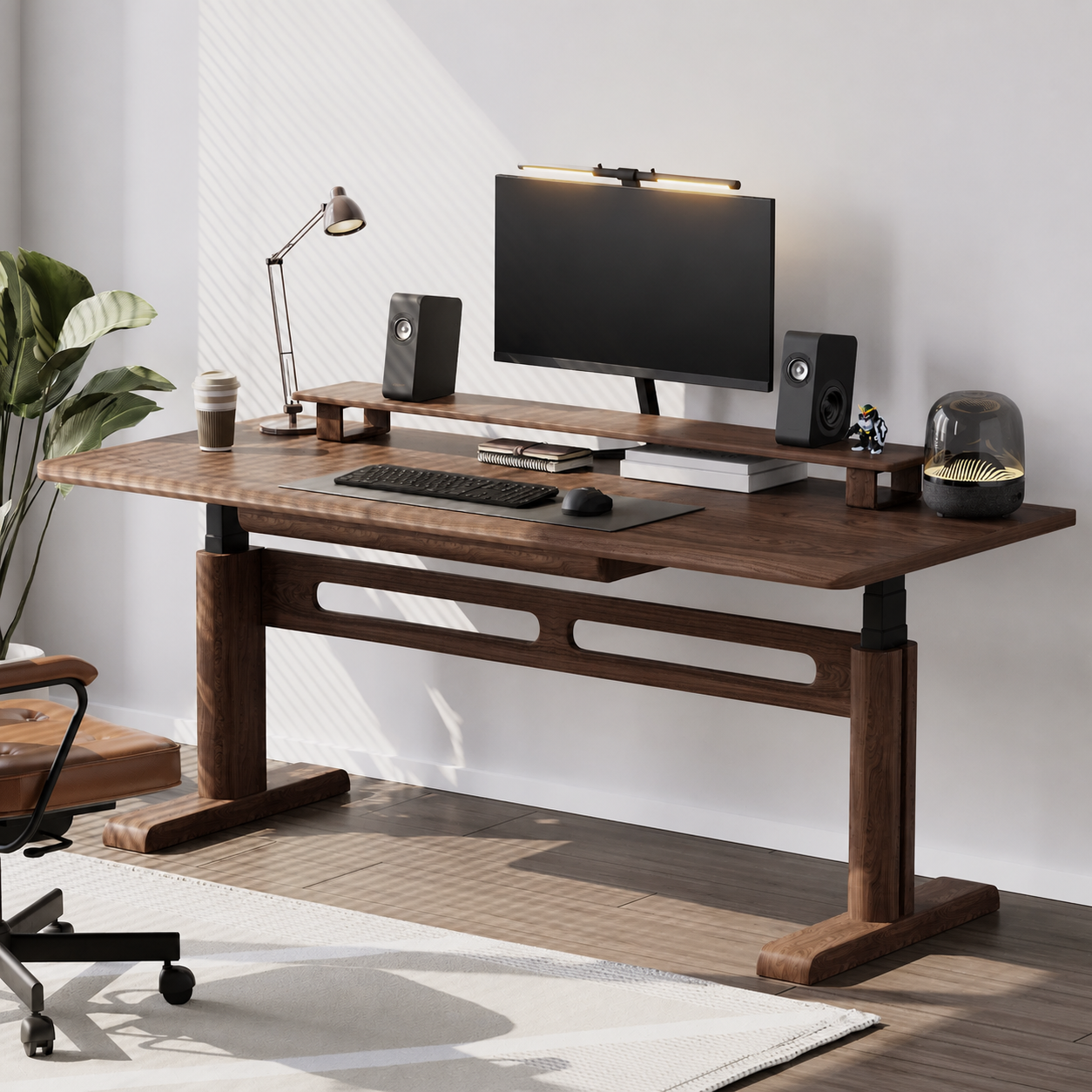 Premium Solid Walnut Wood-Wrapped Dual-Motor Standing Desk front view in a home office