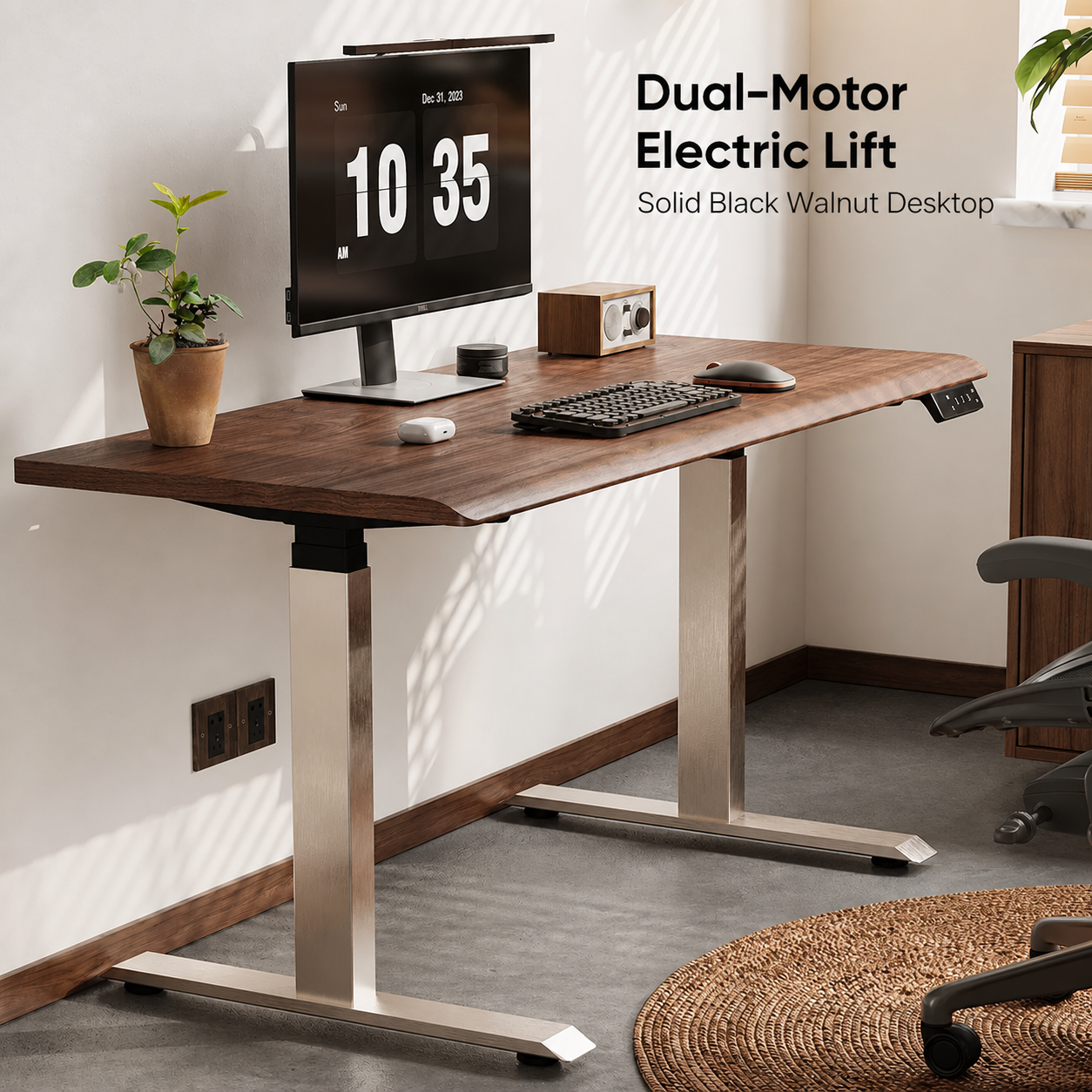 Solid Black Walnut Stainless-Look Electric Standing Desk dual-motor configuration in a home office