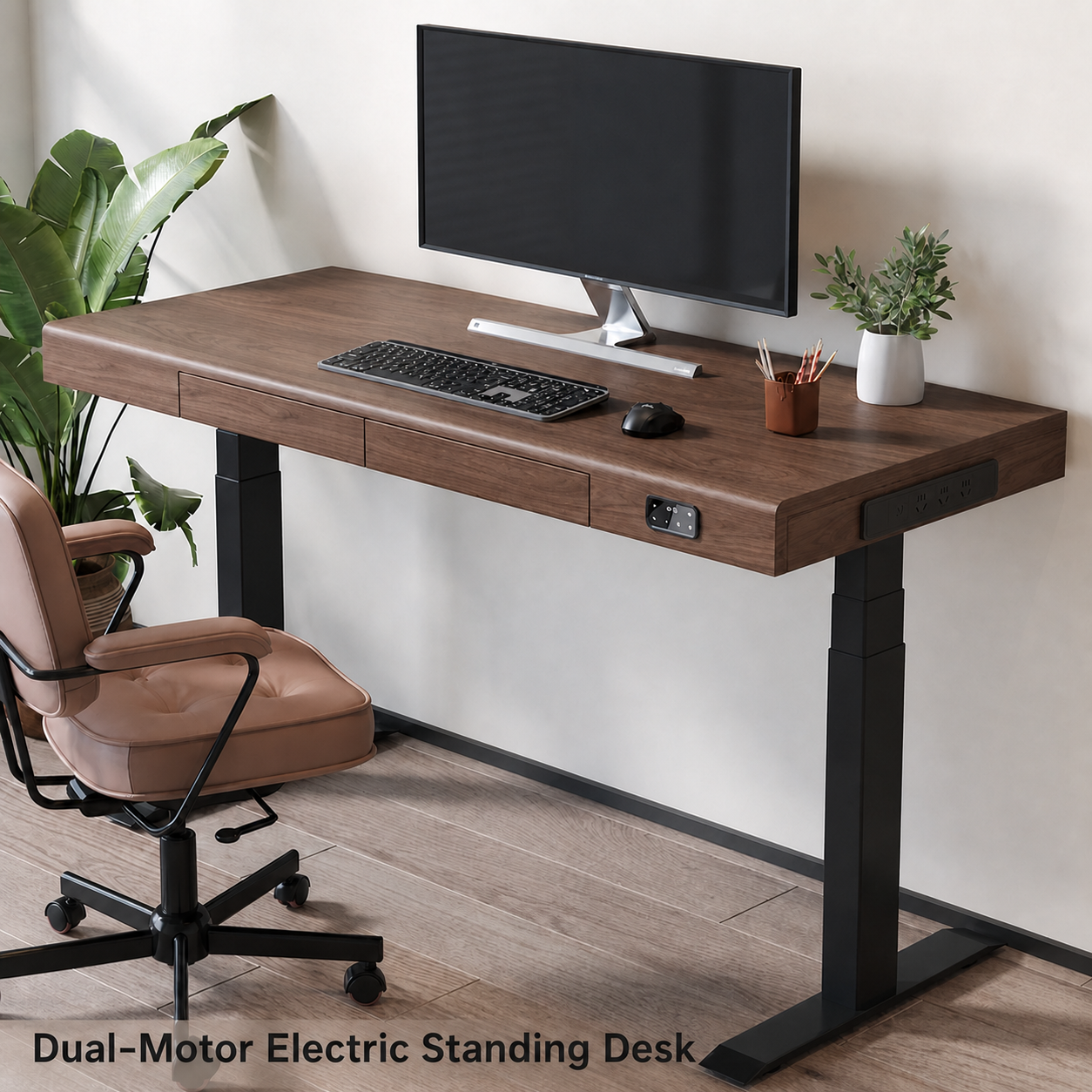 Solid Wood Dual-Motor Standing Desk with Drawers and Side Power front view in a home office