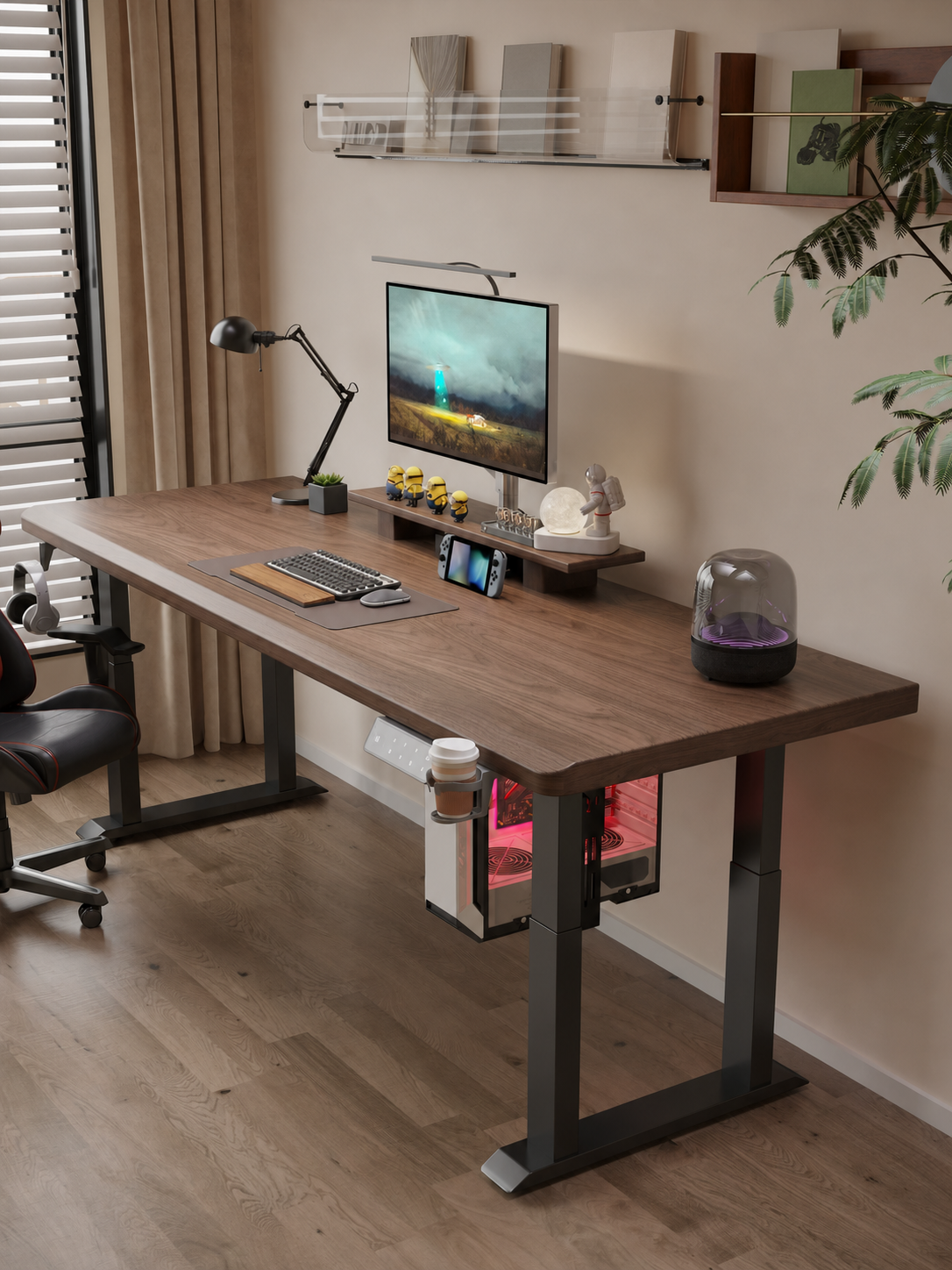 Four-leg solid wood dual-motor standing desk in a modern home office