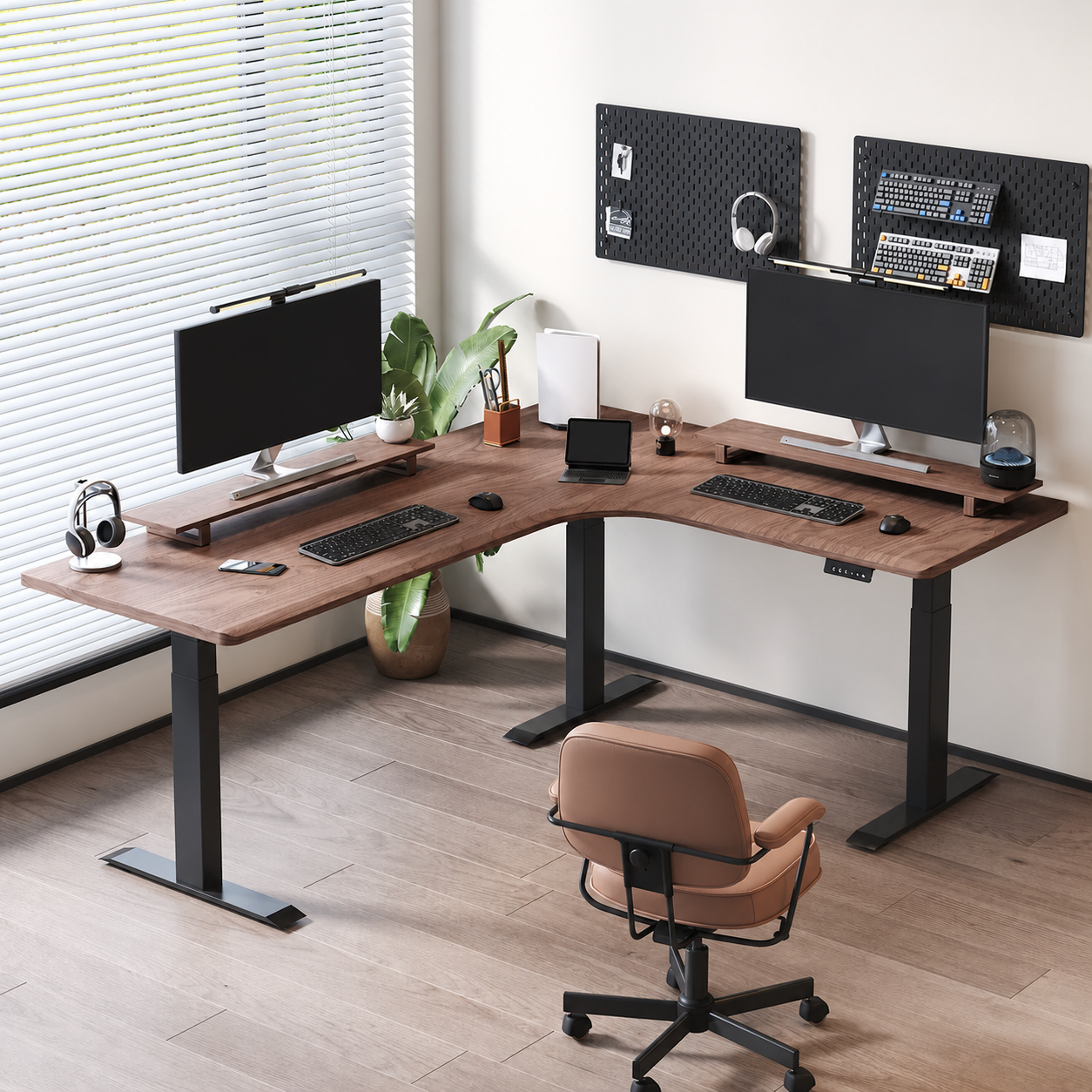 Solid wood triple-motor L-shaped standing desk in a modern office