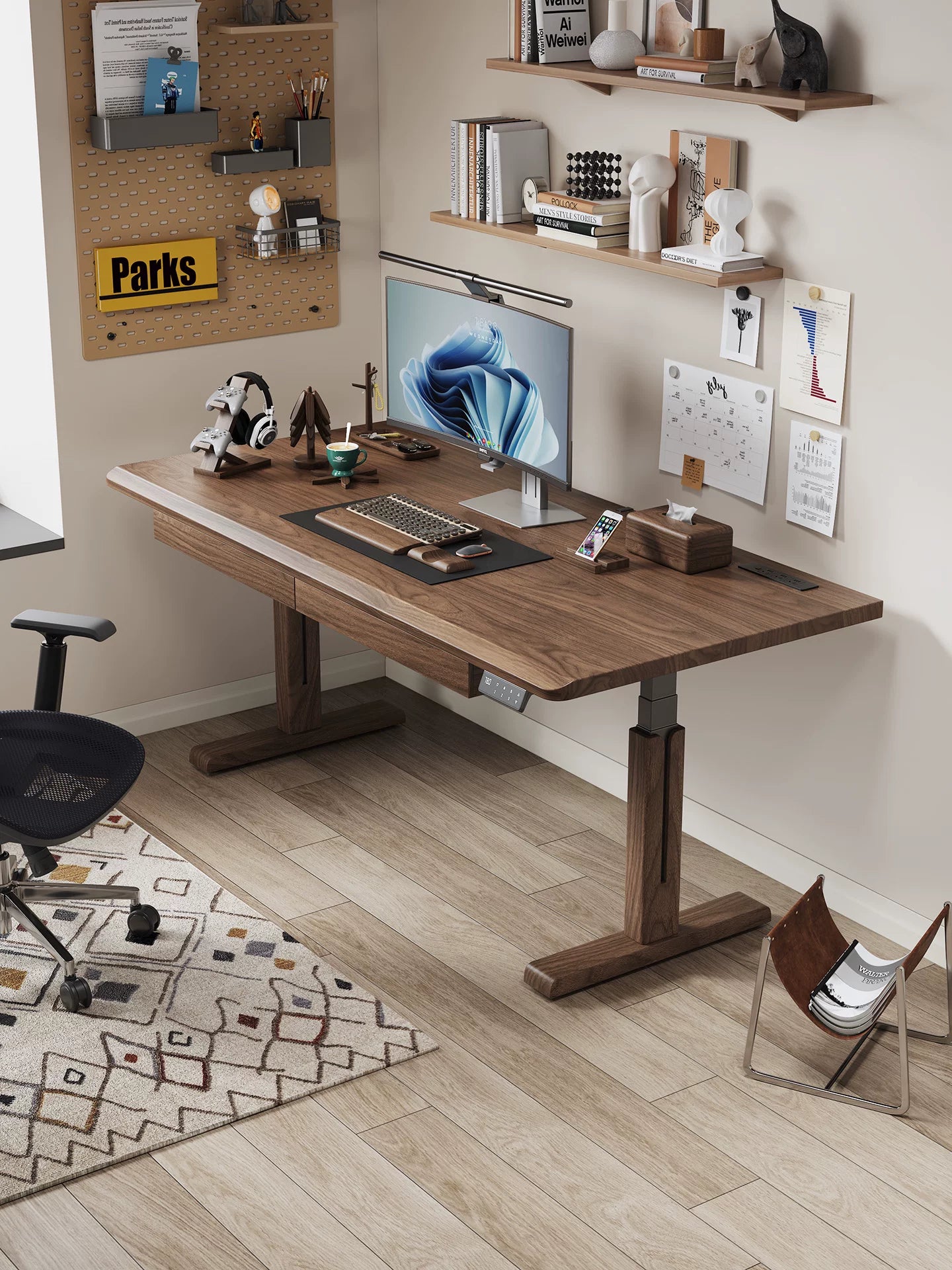 M2 solid wood dual-motor standing desk in a modern office