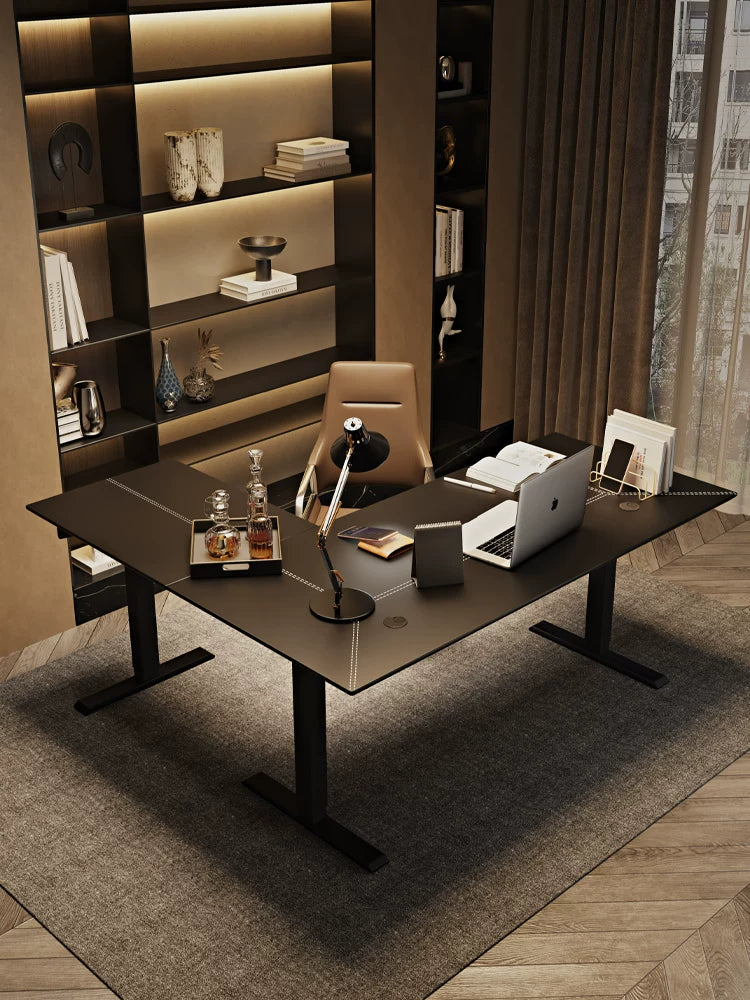 Triple-motor black saddle leather L-shaped electric standing desk in an executive office