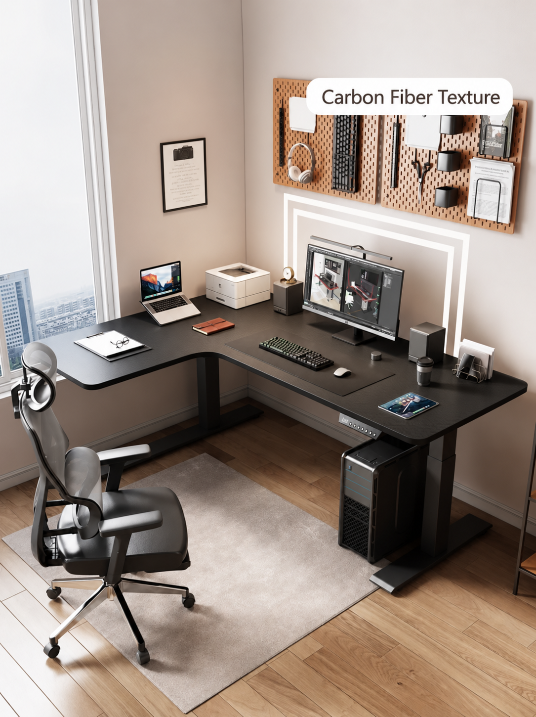 Carbon fiber finish dual-motor L-shaped electric standing desk