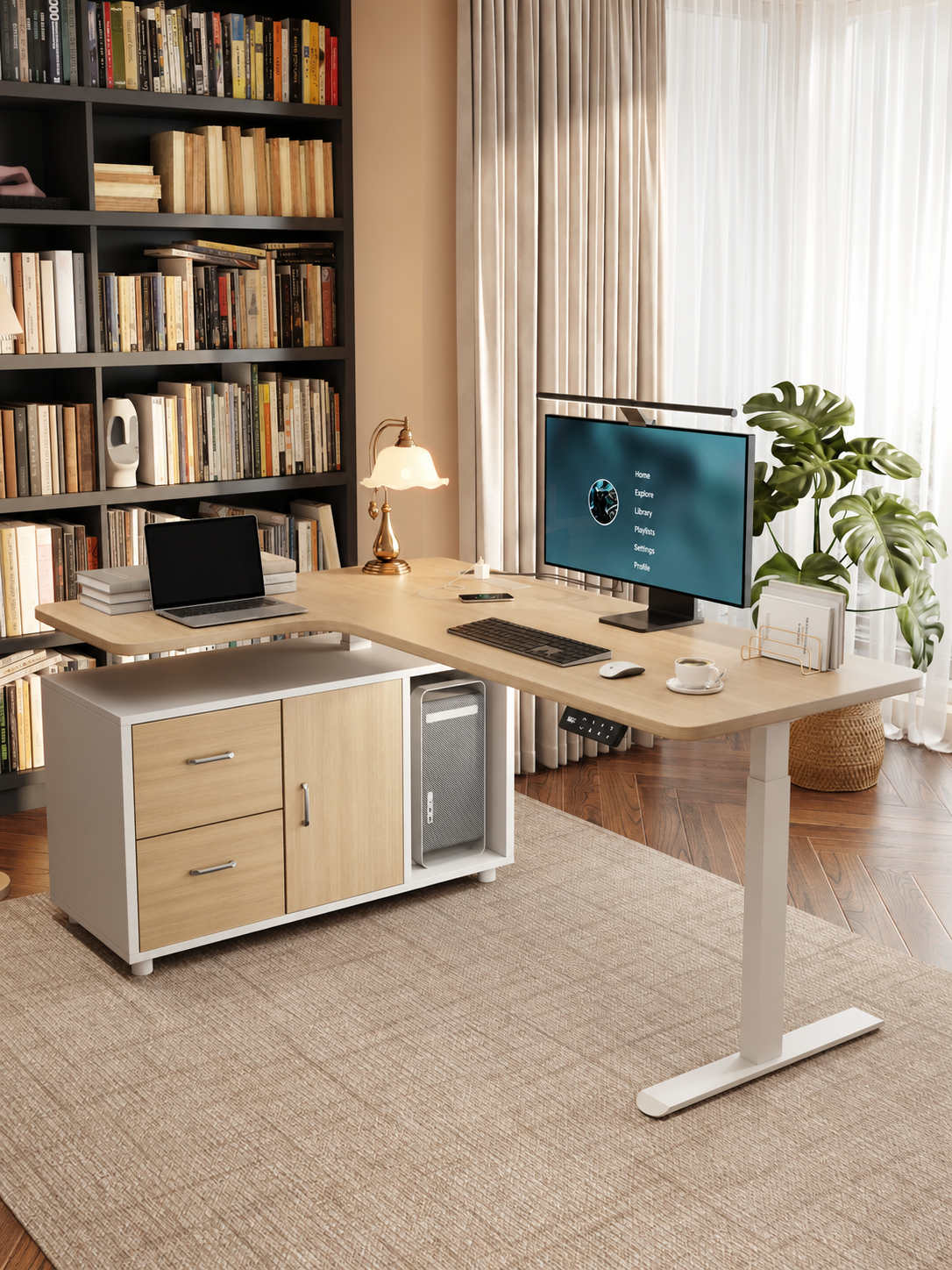 Solid wood L-shaped electric standing desk with drawer storage in a home office
