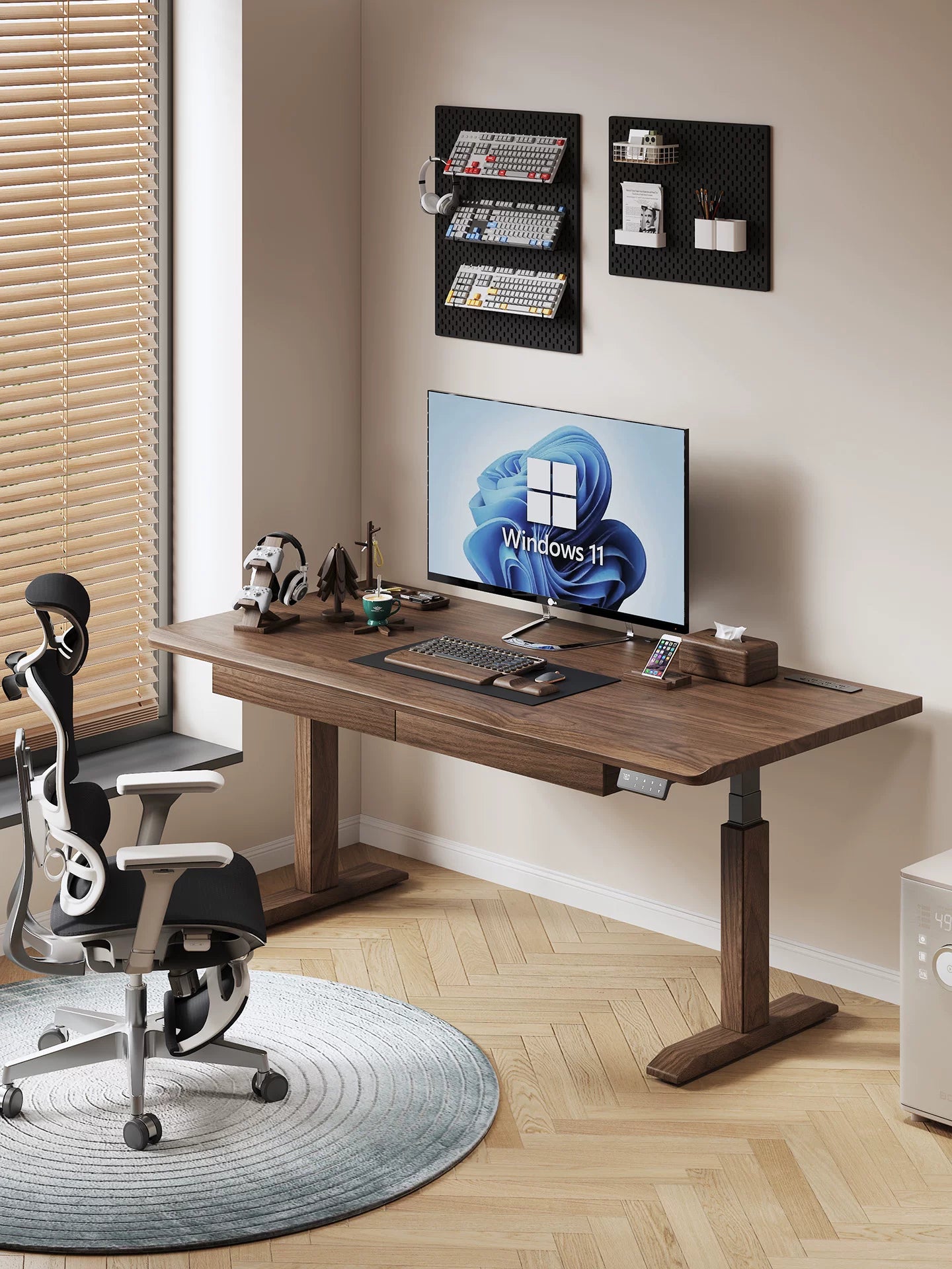 M3 solid wood dual-motor standing desk in a modern office